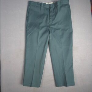 Mens W46 L30 Work Pants Twill Pleated Front Blue Green Cotton Polyester Blend